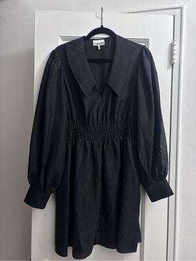 Ganni Black V-Neck Smocked Waist Long Sleeve Mini Dress